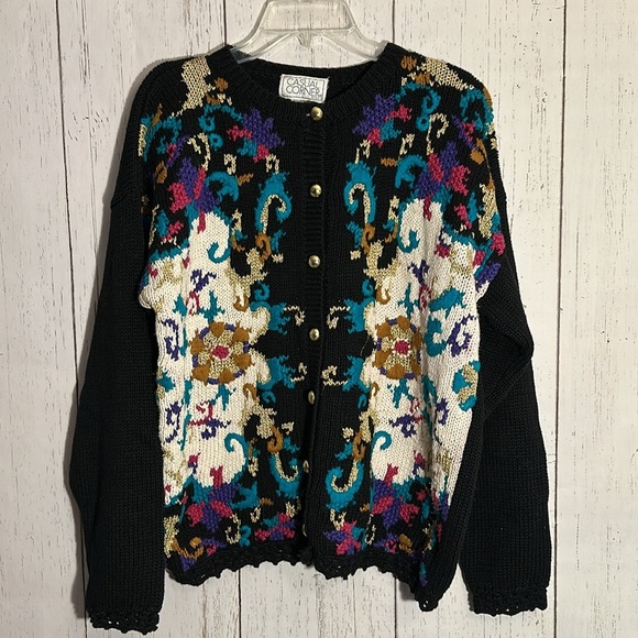 Casual Corner Sweaters - Vintage Casual Corner Gold Button Front Multicolor Embroidered Sweater Cardigan